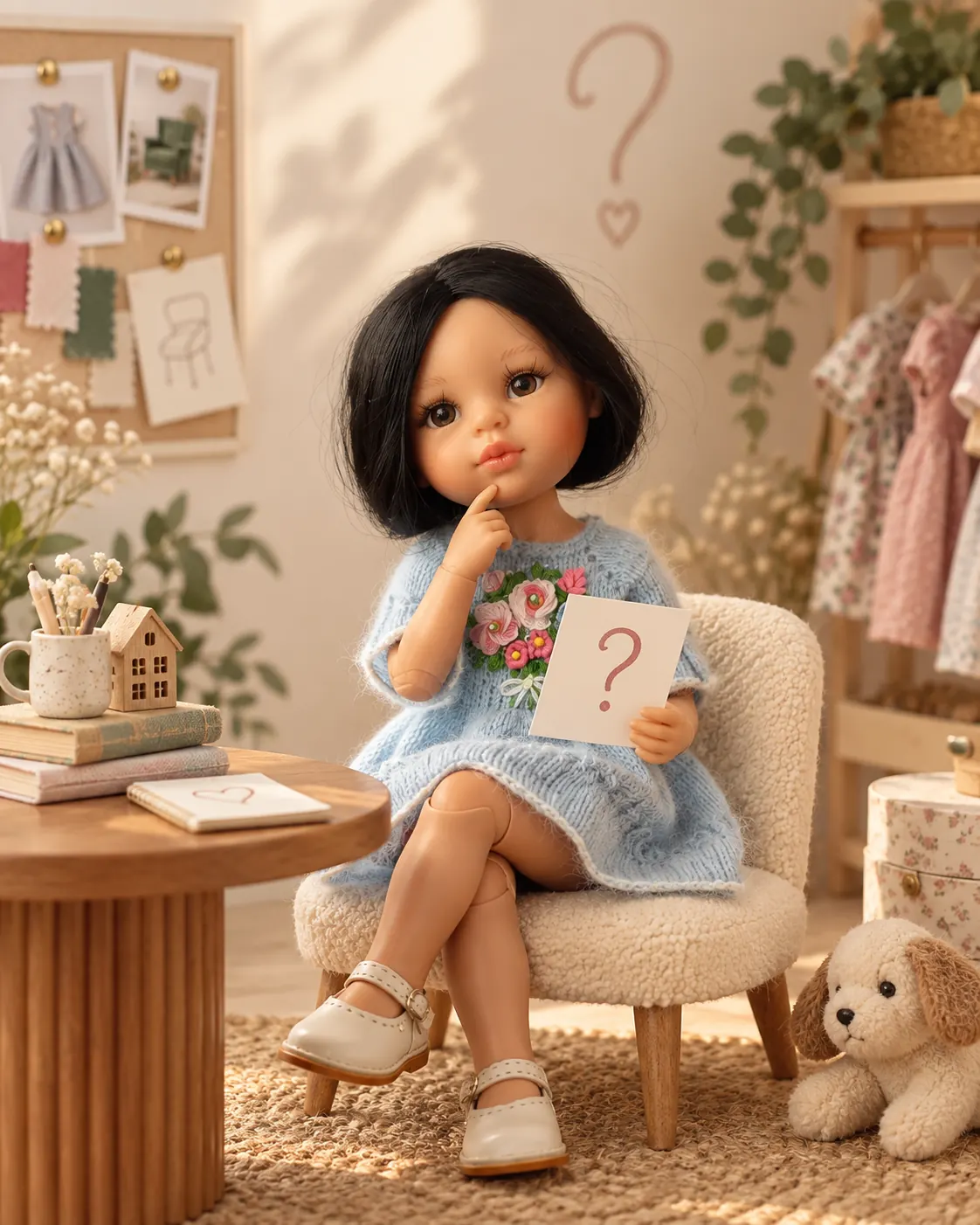 Кукла в уютной мастерской Paola Style с карточкой вопроса — иллюстрация к странице FAQ